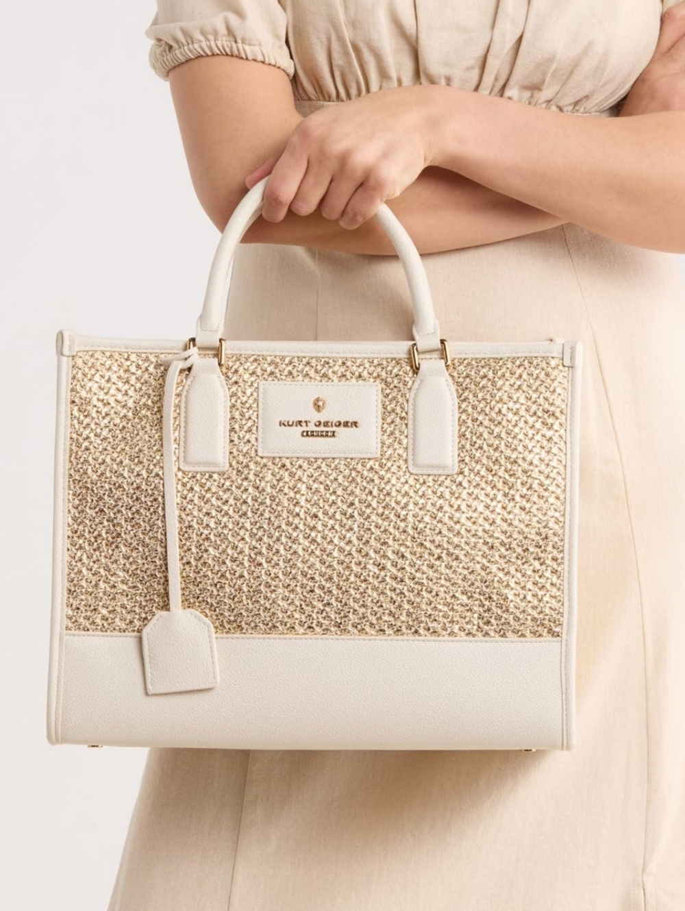 Kurt Geiger Bag Cream Beige Raffia Leather Satchel Crossbody Strap Purse